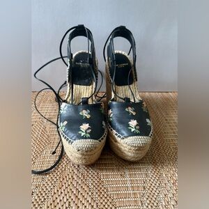 Saint Laurent YSL Black Leather Floral Espadrilles Wedge Sandals,Heels,US 6.5